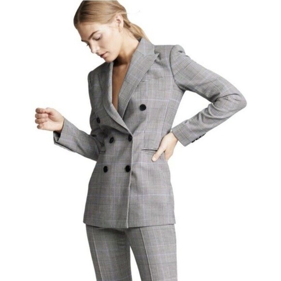 Theory Power Portland Windowpane Plaid Double-Breasted Wool Blazer Size 12 - Picture 3 of 9